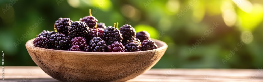 custom made wallpaper toronto digitalA wooden bowl filled with fresh blackberries, set against a blurred green background.