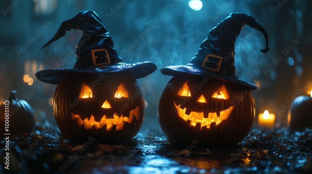 Fototapeta premium Glowing Jack-o'-Lanterns with Witch Hats in a Spooky Halloween Forest