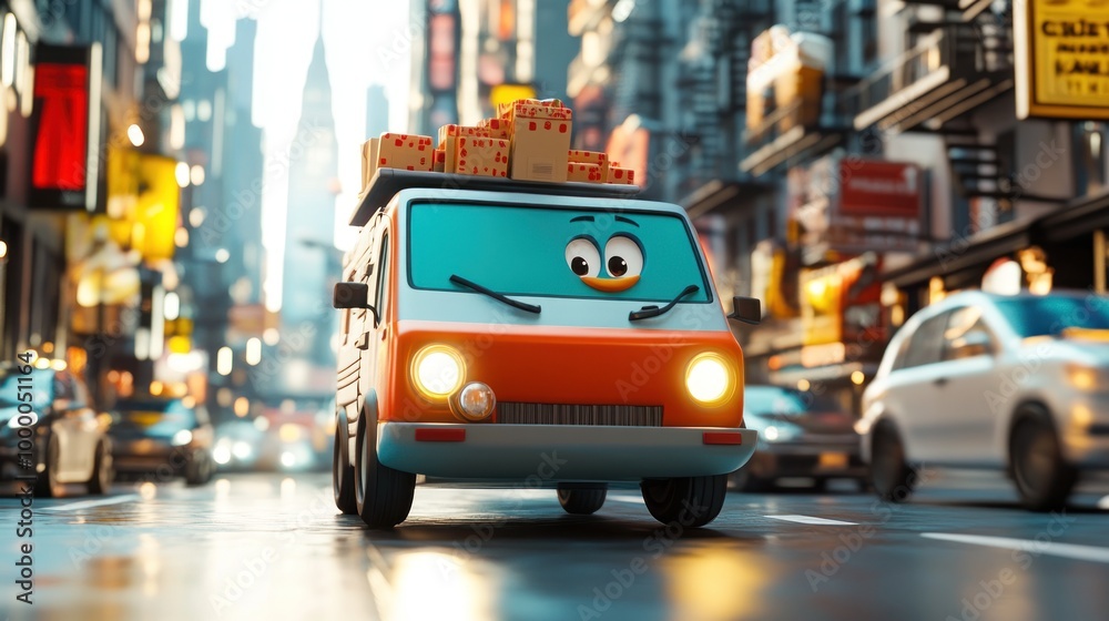 A cheerful animated delivery van driving through a bustling city street, carrying packages. A cheerful animated delivery van driving through a bustling city street, carrying packages.
