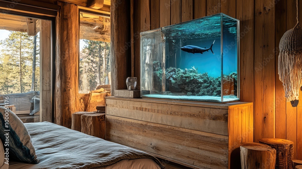 A luxury mountain retreat bedroom, where the glass box with an ocean scene is placed on a wooden dresser, its cool blue tones contrasting with the warm, rustic decor A luxury mountain retreat bedroom, where the glass box with an ocean scene is placed on a wooden dresser, its cool blue tones contrasting with the warm, rustic decor