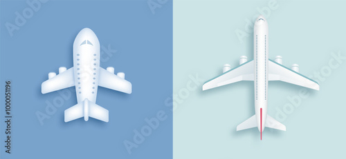 Set of creative plane icon isolated on blue background. Top view realistic 3d airplane symbol. Travel flight pictogram design template. Vector illustration