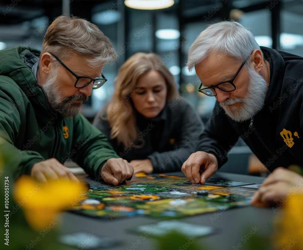 Group of people focused on playing a strategy board game indoors, displaying teamwork and concentration. Group of people focused on playing a strategy board game indoors, displaying teamwork and concentration.