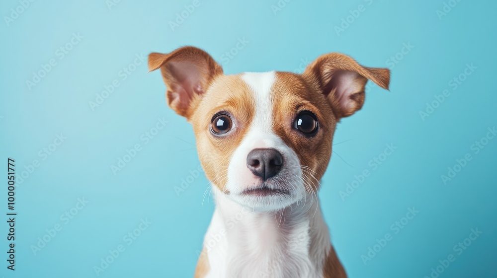 A close-up portrait of a small dog with expressive eyes against a blue background. A close-up portrait of a small dog with expressive eyes against a blue background.
