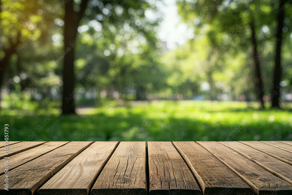 Empty wooden table top with a blurred green park background for product display montage, a summer concept. Empty wooden table top with a blurred green park background for product display montage, a summer concept.
