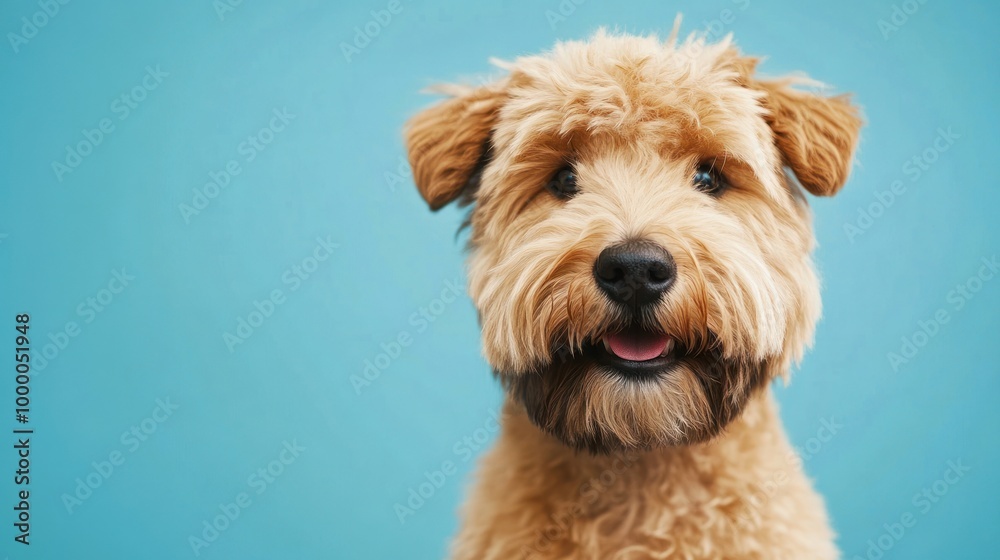 A cheerful dog with a fluffy coat against a blue background, exuding warmth and friendliness. A cheerful dog with a fluffy coat against a blue background, exuding warmth and friendliness.