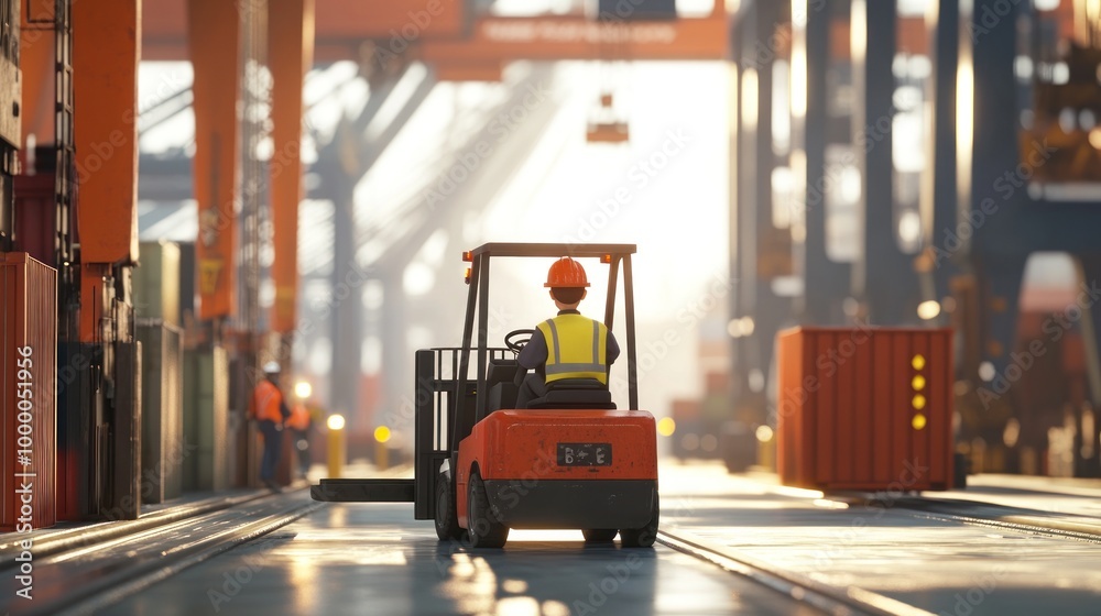 A forklift operator works in a busy shipping yard during sunset. A forklift operator works in a busy shipping yard during sunset.