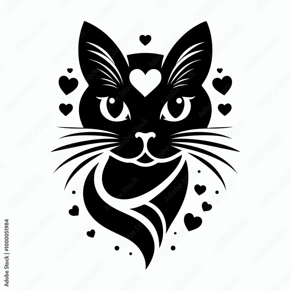 Obraz premium Monochrome Cat Face Elegant Feline Silhouette Minimalist Cat Line Art, Stylized Cat Portrait design.