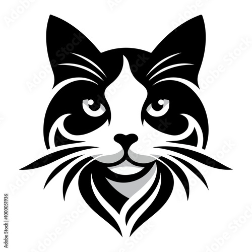 Monochrome Cat Face  Elegant Feline Silhouette Minimalist Cat Line Art, Stylized Cat Portrait design.