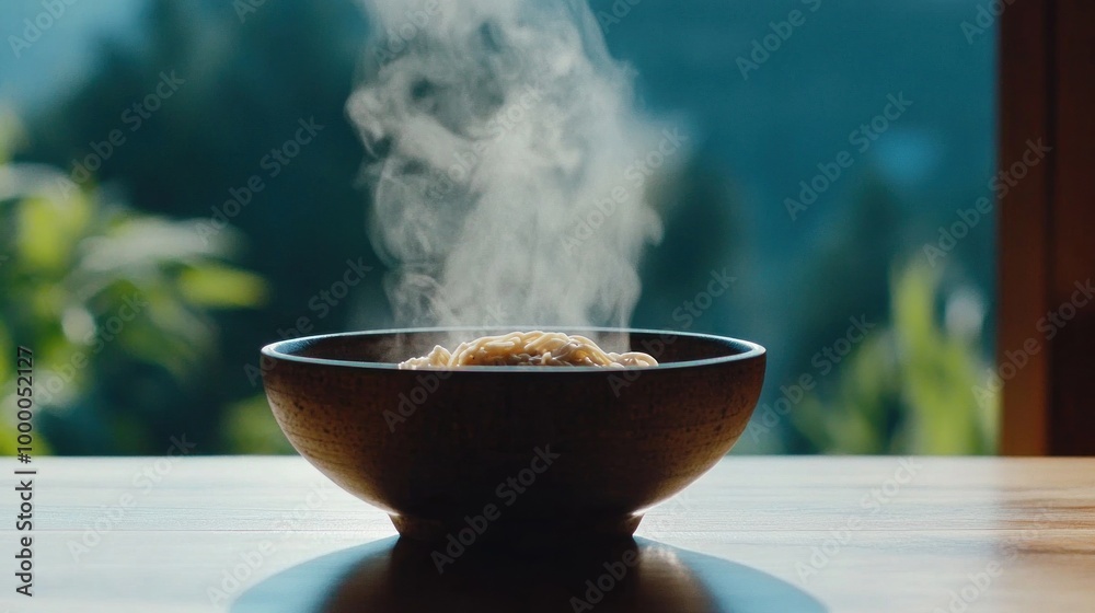 Delicate steam rises from a bowl of freshly prepared noodles placed on a wooden table, creating a warm atmosphere with green foliage visible outside Delicate steam rises from a bowl of freshly prepared noodles placed on a wooden table, creating a warm atmosphere with green foliage visible outside