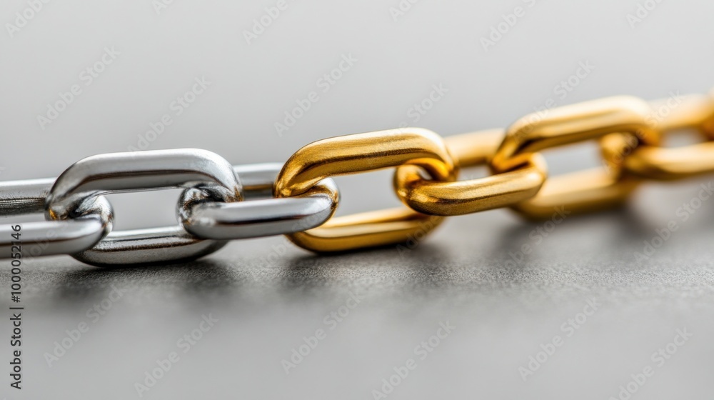 A silver chain interlaces with a gold chain on a sleek surface, emphasizing the contrast between the two metals. The link design showcases craftsmanship and material differences beautifully A silver chain interlaces with a gold chain on a sleek surface, emphasizing the contrast between the two metals. The link design showcases craftsmanship and material differences beautifully