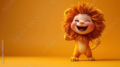 A cute cartoon lion character with a joyful expression against an orange background.
