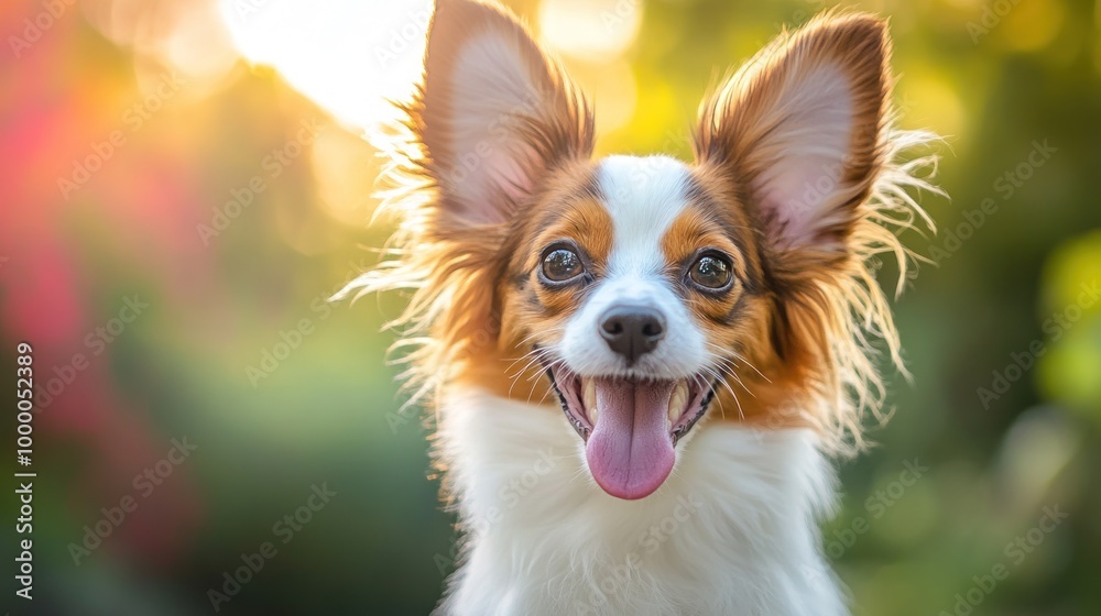 A happy dog with large ears smiles in a sunlit outdoor setting. A happy dog with large ears smiles in a sunlit outdoor setting.