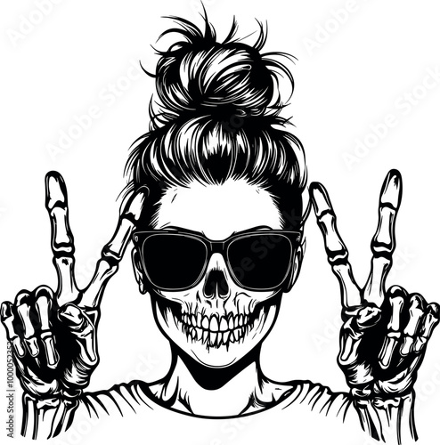 Women with Messy Bun Messy Bun Bandana Clipart mom life Woman’s face. Illustration of a female mom skeleton head. Skull Daughter Head design on a white background.