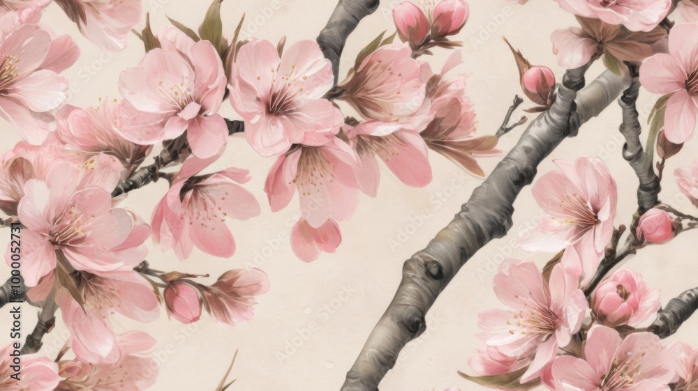 Pink Cherry Blossom Branches Seamless Pattern – Artistic Floral Texture for Decorative and Graphic Design Projects Pink Cherry Blossom Branches Seamless Pattern – Artistic Floral Texture for Decorative and Graphic Design Projects
