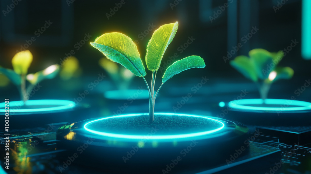 Futuristic glowing plants thrive on advanced technology platforms, symbolizing innovation and sustainability in digital landscape. vibrant greenery contrasts beautifully with sleek, high tech environm Futuristic glowing plants thrive on advanced technology platforms, symbolizing innovation and sustainability in digital landscape. vibrant greenery contrasts beautifully with sleek, high tech environm