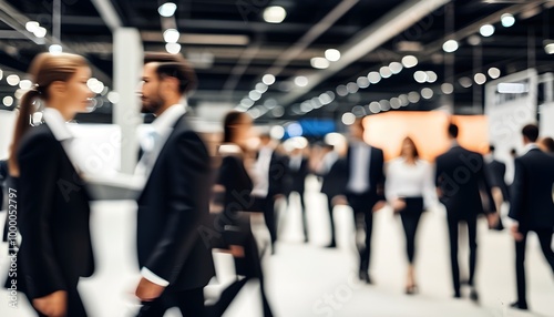 dynamic business networking at a contemporary trade show with blurred motion representation