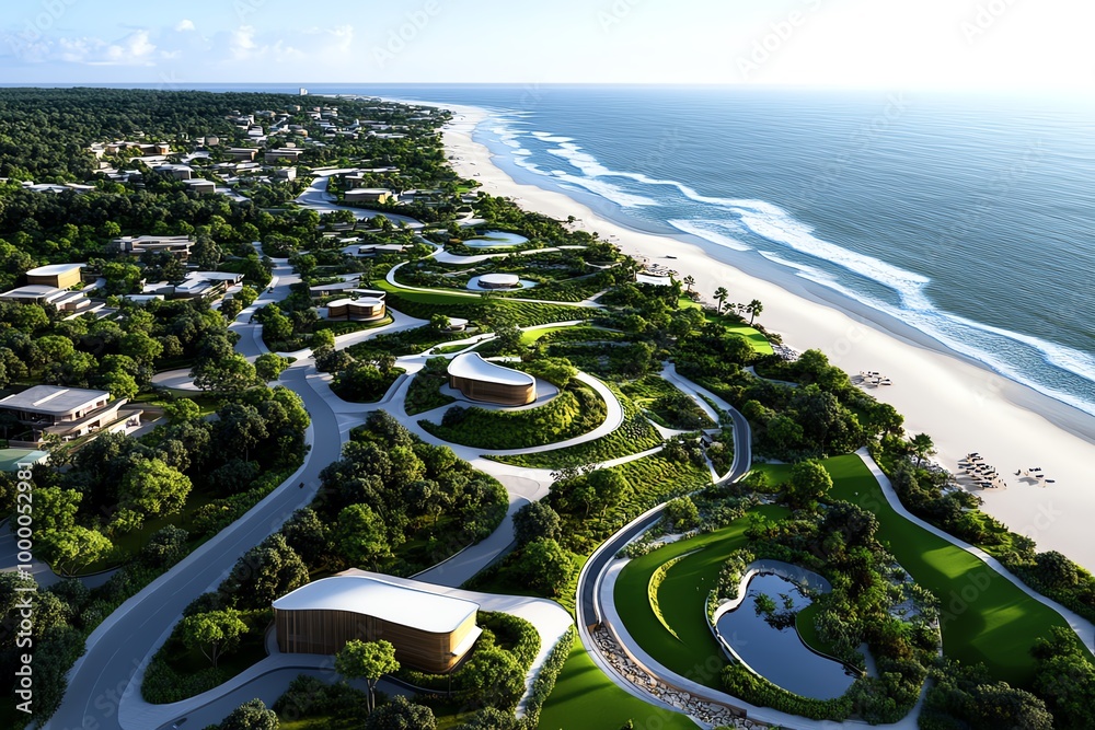 A sustainable development plan for a coastal area, showing a balance ...
