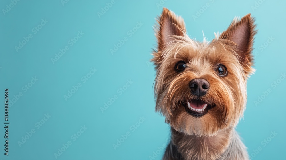 A cheerful Yorkshire Terrier with a bright blue background, showcasing its playful nature.