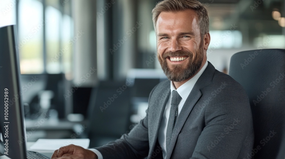 Fototapeta premium A professional man with a beard sits at his desk, smiling confidently while looking at his computer in a bright, contemporary office setting filled with natural light