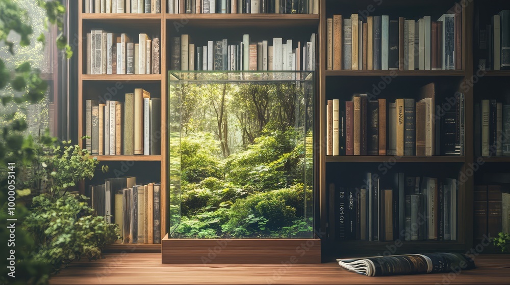A minimalist home library, where the glass box featuring a dense forest is displayed on a wooden shelf, adding a calming element to the book-filled room A minimalist home library, where the glass box featuring a dense forest is displayed on a wooden shelf, adding a calming element to the book-filled room