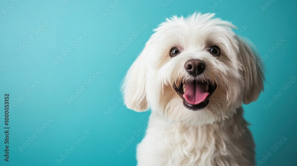 A cheerful white dog with a happy expression against a blue background. A cheerful white dog with a happy expression against a blue background.