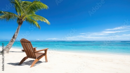 A wooden lounge chair sits peacefully on a pristine beach, surrounded by soft white sand and a vibrant palm tree, with clear blue waters stretching into the horizon under a bright sun