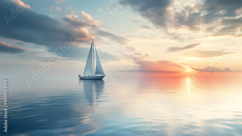 sailboat moving quietly across calm sea at sunset, surrounded by beautiful clouds and serene atmosphere. tranquil scene evokes sense of peace and adventure photo