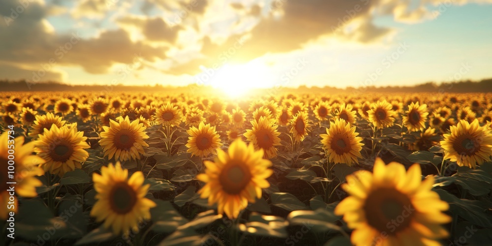 Obraz premium Golden Sunset Over Blooming Sunflower Field