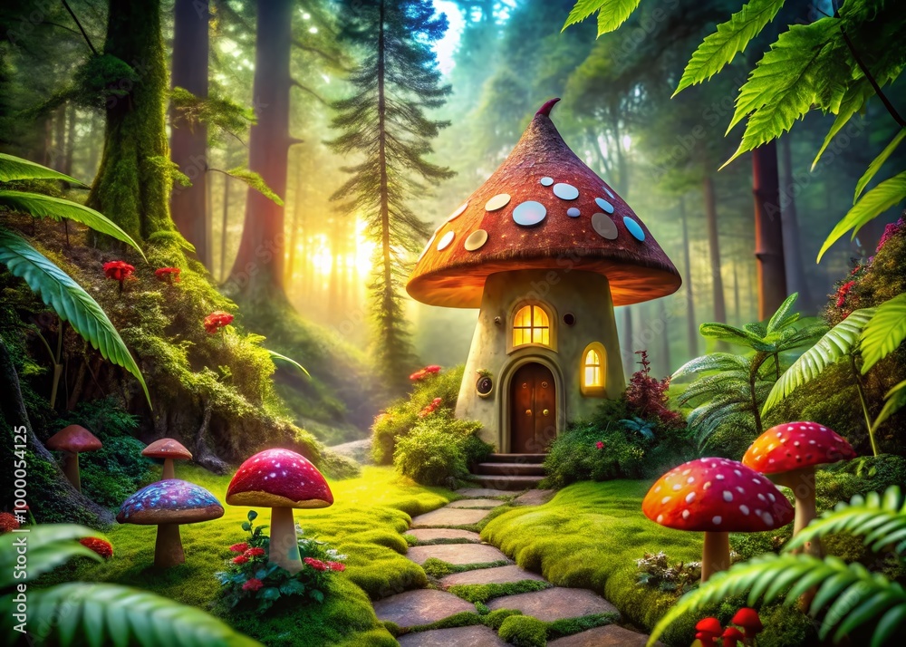 Enchanted Mushroom Fairy House Surrounded by Lush Greenery in a Magical Forest Setting Enchanted Mushroom Fairy House Surrounded by Lush Greenery in a Magical Forest Setting
