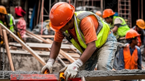 Workers wearing safety helmets and vests are mixing and pouring concrete at a construction site, demonstrating teamwork and focus under the bright daylight