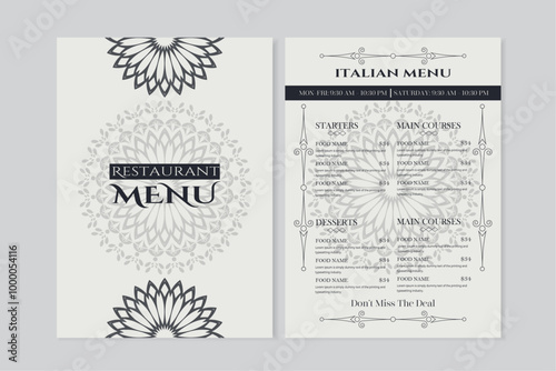 Luxury restaurant menu with elegant ornamental style