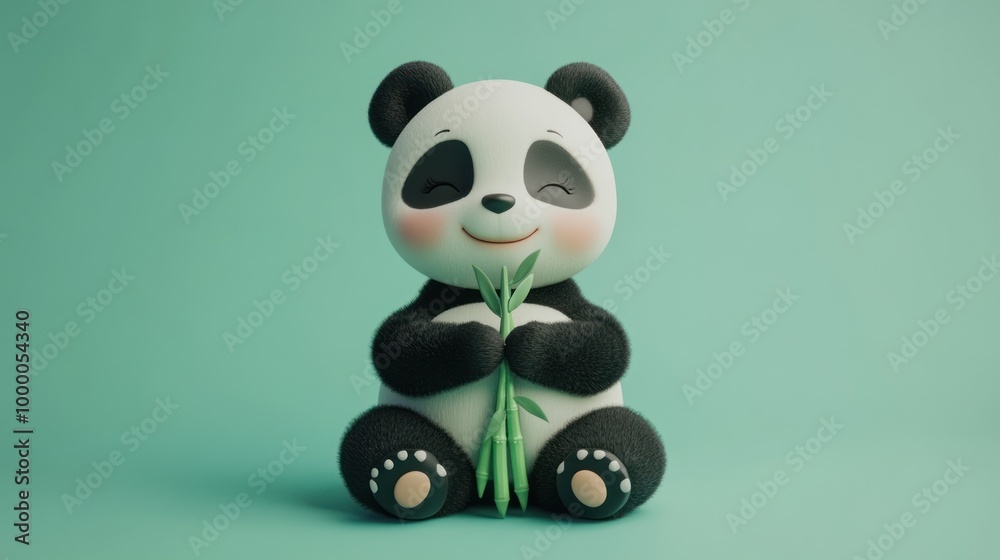 A cute cartoon panda happily holding bamboo against a soft green background. A cute cartoon panda happily holding bamboo against a soft green background.