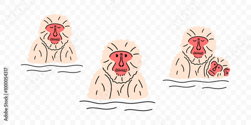 Japanese macaques with babies soak in hot springs, graphic design. Snow monkeys bathing and soaking, primate and animal, vector design and illustration