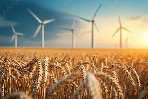 Wind turbines in a vast golden field of wheat, wind energy, rural renewable solutions