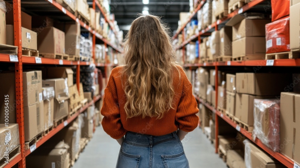 In a bustling warehouse, a woman with long, wavy hair examines the shelves filled with various boxes and packages while selecting supplies for an upcoming event or project In a bustling warehouse, a woman with long, wavy hair examines the shelves filled with various boxes and packages while selecting supplies for an upcoming event or project