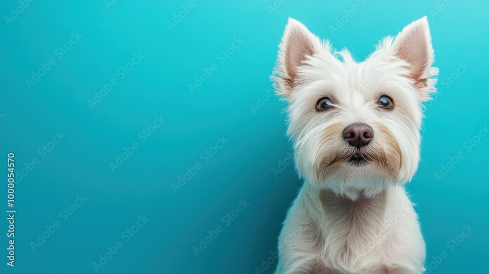 A close-up of a white dog with perked ears against a vibrant blue background. A close-up of a white dog with perked ears against a vibrant blue background.