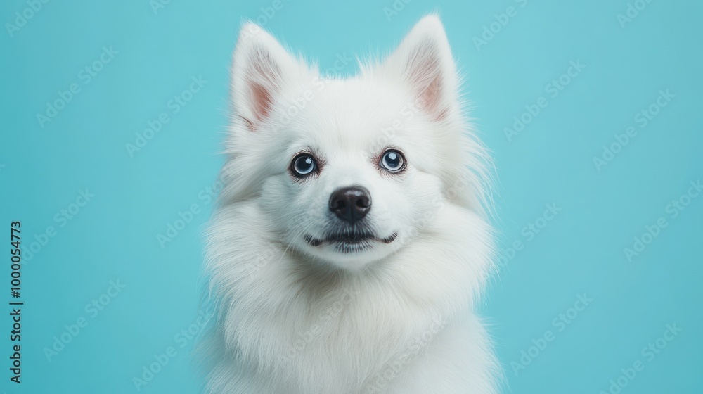 A fluffy white dog with blue eyes poses against a light blue background. A fluffy white dog with blue eyes poses against a light blue background.