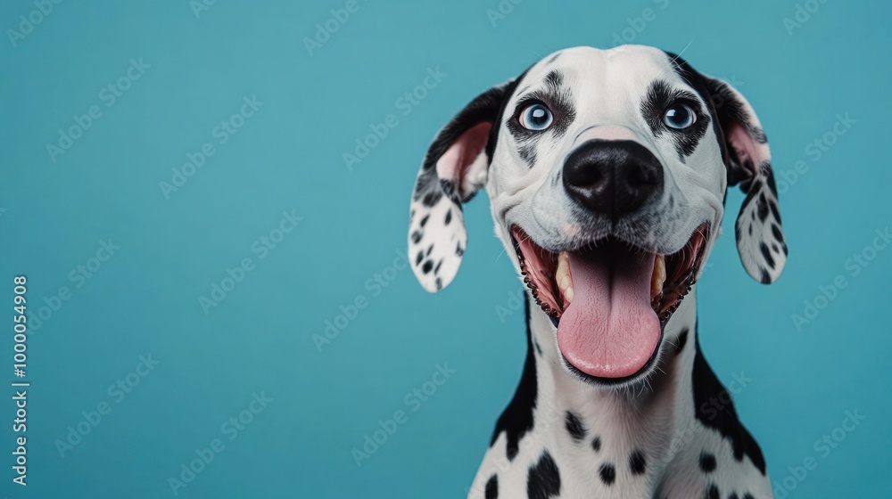 A happy Dalmatian dog with blue eyes and a big smile against a turquoise background. A happy Dalmatian dog with blue eyes and a big smile against a turquoise background.