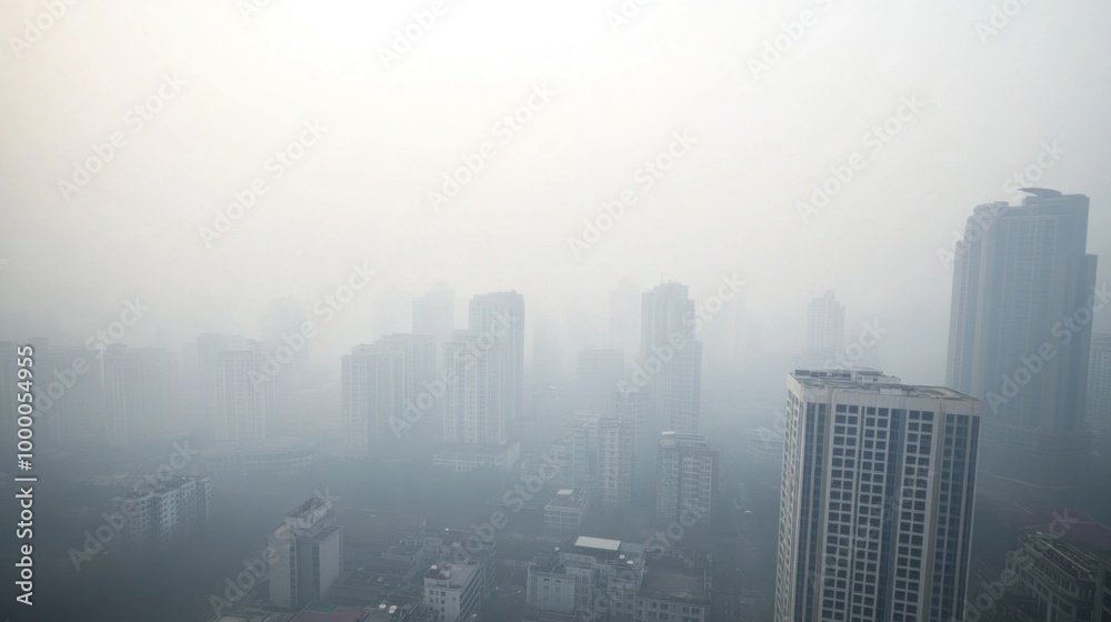 Thick fog blankets a city skyline, obscuring tall buildings and creating a surreal, muted view. The early morning light struggles to penetrate the haze, adding to the atmosphere Thick fog blankets a city skyline, obscuring tall buildings and creating a surreal, muted view. The early morning light struggles to penetrate the haze, adding to the atmosphere