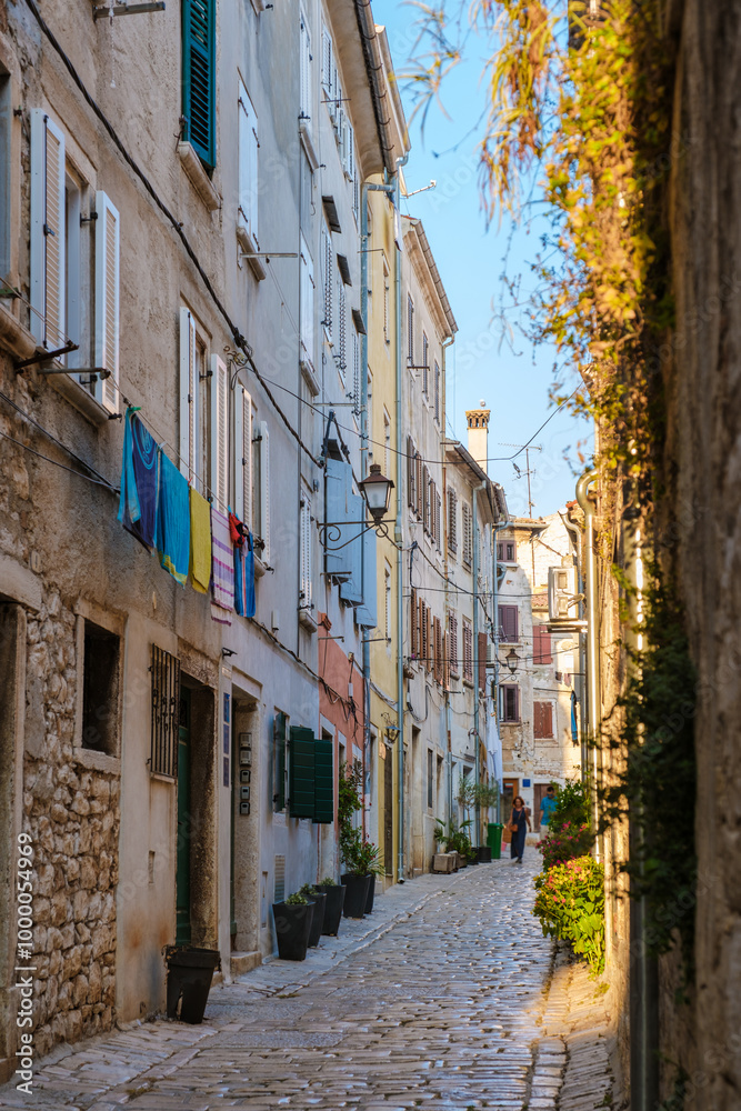Fototapeta premium Charming narrow street in Rovinj, Croatia, adorned with colorful laundry and sunshine