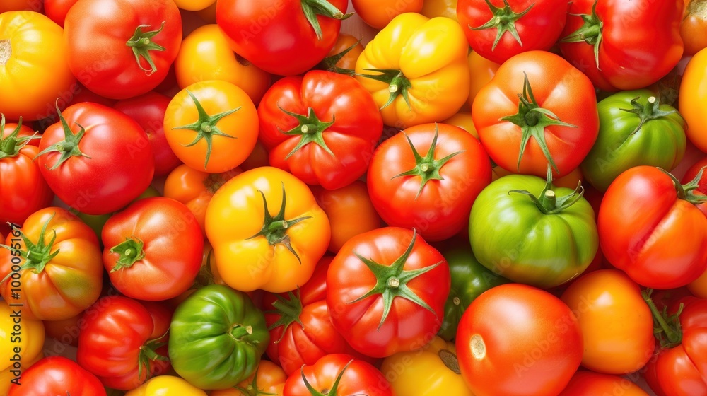 A vibrant variety of ripe tomatoes in shades of red, yellow, and green, showcasing their freshness and readiness for cooking or salads A vibrant variety of ripe tomatoes in shades of red, yellow, and green, showcasing their freshness and readiness for cooking or salads