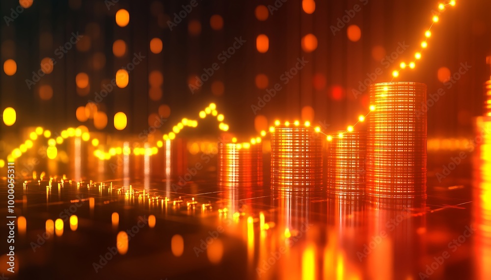 Naklejka premium Golden Coins Charting Upward Trend with Glowing Lights