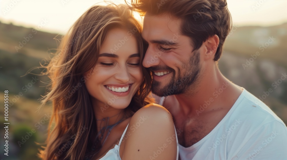 A couple enjoys a tender moment on a hillside during sunset, smiling brightly at each other while basking in the warmth of their affection and the beautiful surroundings A couple enjoys a tender moment on a hillside during sunset, smiling brightly at each other while basking in the warmth of their affection and the beautiful surroundings