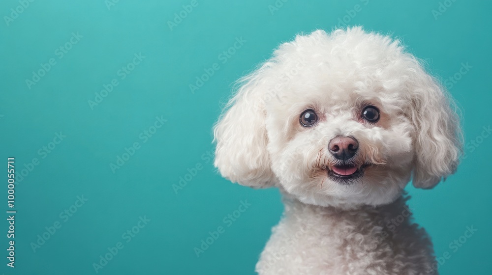 A fluffy white dog with a playful expression against a turquoise background. A fluffy white dog with a playful expression against a turquoise background.