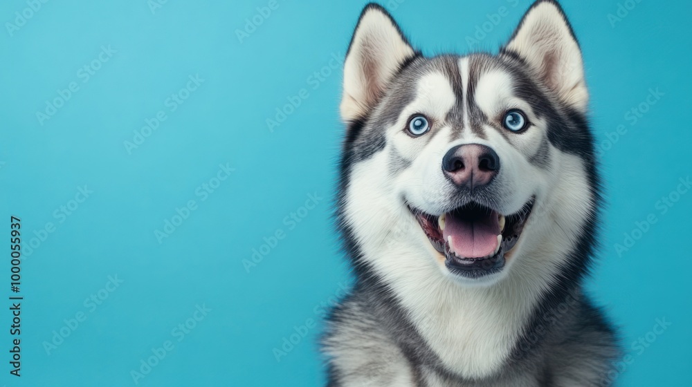 A happy Siberian Husky with blue eyes against a bright blue background. A happy Siberian Husky with blue eyes against a bright blue background.