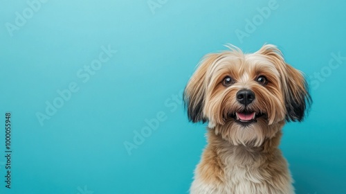 A cheerful dog with a fluffy coat against a bright blue background.