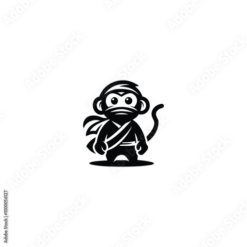 Monkey Ninja Logo. A cartoonish logo of a monkey in the role of a mysterious ninja, hiding his identity and dedicated to the task
