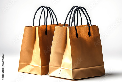 Pair of shiny brown shopping bags with black handles isolated on white photo