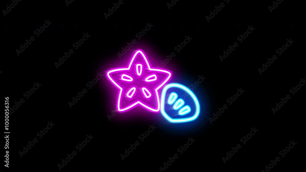The blinking neon light of shell fish icon in the black background. The blinking neon light of shell fish icon in the black background.
