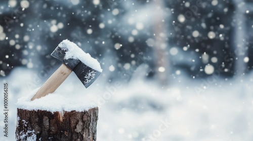 An axe rests on a snowy log in a tranquil winter forest during a snowfall in ...